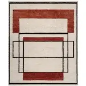 Rugiano Collective rug, multi-colored geometric design with cream field, rust bands, and black border, asymmetrical rectangular pattern.