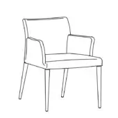 Mila chair with armrests, black line drawing, curved back, square seat, tapered cylindrical legs, modern minimalist design.