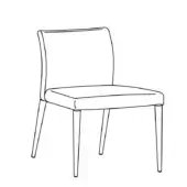 Dining chair line drawing, white background, curved backrest, tapered legs, minimalist design, fabric upholstery, no armrests.