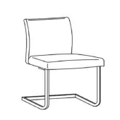 Minimalist chair, fabric upholstery, rectangular backrest, curved metal frame, U-shaped base, matte finish, modern design, white background.