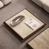 Distinguished Rugiano Amalfi coffee table with warm beige marble and satin stained mahogany wood frame with chrome details