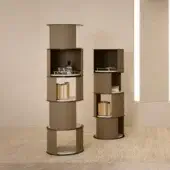 Superior Rugiano Floyd bookcase crafted in Italy with taupe leather, luxurious marble shelves and bronzed brass details