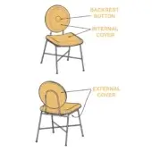 Chair construction diagram showing light yellow upholstered backrest, dark gray metal frame, internal and external cover details, studio shot.