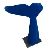 Fabric sculpture, blue velvet, stylized torso form on dark gray square base, L-shape with flattened upper section and tapering lower extension.