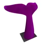 Purple abstract sculpture, matte finish, curved wing-like form on dark gray square base, studio lighting, white background.