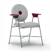 Distinguished Bontempi Penelope chair with gracefully curved silhouette, textured light gray textile and burgundy armrests, satin-finished metal frame