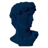 David bust sculpture, petrol blue velvet, modern interpretation with classical proportions and matte finish, white background.