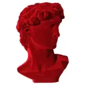 Red velvet bust sculpture replicating Michelangelo’s David, detailed hair texture, smooth draped shoulders, white background.