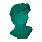 Emerald green velvet David bust sculpture, classical form with textured finish, dramatic directional lighting, white background.
