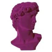 David bust sculpture, magenta velvet, stylized form with curly hair and smooth shoulders against a white backdrop.
