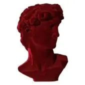 Velvet bust sculpture, deep red, classical male figure inspired by Michelangelo’s David with textured matte finish and rectangular base.