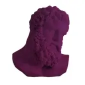 Purple bust sculpture with textured beard and curly hair, cast in a solid form against a white backdrop, featuring geometric shoulders.