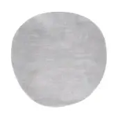 Round rug, muted gray, organic shape with textured surface; “ciclopi roccia ematite” design centered on white background.