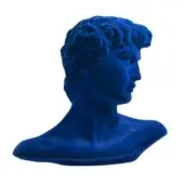 Bust sculpture, petrol blue resin, depicting a male figure inspired by Michelangelo’s David with detailed facial features and wavy hair.