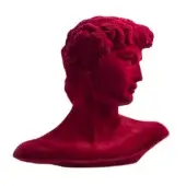 Bust sculpture, red resin, classical male figure with swirling hair, smooth shoulders, circular base, matte finish, white background.