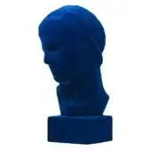 Bust sculpture, petrol blue resin, classical male head with short curly hair on a rectangular pedestal, velvety texture, white background.