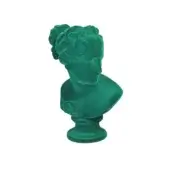 Green Venus Italica bust, matte resin sculpture with curled hair and draped shoulders, on a circular emerald pedestal.
