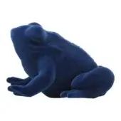Blue frog sculpture, velvet texture, rounded form, seated pose, white background, soft pile, bulbous eyes, detailed limbs.