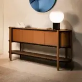 Exclusive Rugiano Coquette sideboard with terracotta orange leather wrapping and dark ash wood shelving
