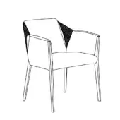 Armchair with armrests, light fabric upholstery, curved backrest, dark patterned triangular detail, tapered legs, minimalist design.