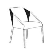 Dining chair, white upholstery, black and white textured back panel, tapered metal legs, minimalist design, line drawing illustration.