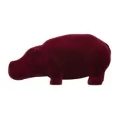 Burgundy velvet hippo figurine, rounded form, short legs, dense pile texture, white background, stylized animal sculpture, minimal detail.