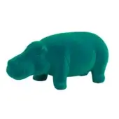 Emerald green hippo sculpture, plush velvety texture, rounded form, short legs, flat head, white background, diffused lighting.
