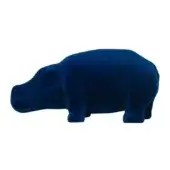 Petrol blue hippo figurine, plush velvet fabric, rounded form, matte finish, simplified animal sculpture, white background.