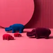 Meticulous Adriani e Rossi Hippo Velvet Sculpture ceramic animal crafted with sumptuous blue velvet texture and playful form
