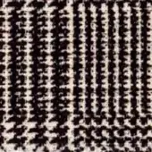 Textile sample, dark beige and black, vertical columns of textured markings resembling abstract script with a rough woven fabric quality.