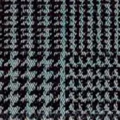 Woven fabric sample, houndstooth pattern, black, white, turquoise; dense twill weave with vertical striped color blocks and textured surface.