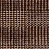 Textile sample, tan and dark brown, geometric grid with tweed-like dots, striped, squared, and linear textured patterns.