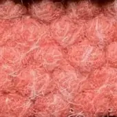 Egoitaliano fabric sample, pink fibrous texture, voluminous matte finish with off-white strands, labeled “puffo 301” against a dark background.