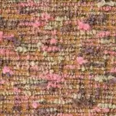 Egoitaliano tweed fabric sample, golden-brown with pink, olive, and plum accents, dense irregular weave with nubby yarn texture.