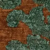 Textile sample, green and rust woven fabric, organic looped fiber pattern with “egoitaliano kosmo blucle 1920” designation visible.
