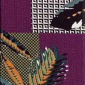 Kapua fabric swatch, patchwork design, purple, green, black, featuring panther, reptile, and triangular patterns, woven texture, egoitaliano.