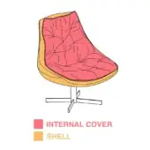 Chair illustration, pale yellow shell, black outline, pink internal cover with vein pattern, three-leg metal base, white background.