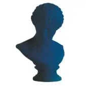 Bust sculpture, petrol blue resin, classical male figure with curled hair on tiered pedestal, glitter finish, studio shot.