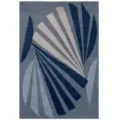 Ventaglio rug blue by Rugiano, geometric design with radiating shapes in deep blues, grays, and beige, woven texture.