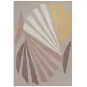 Rugiano Ventaglio rug, rose, rectangular with radiating fan-like leaf shapes in gray, dusty rose, taupe, cream, and mustard yellow tones.