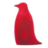 Red penguin figurine, velvety texture, matte finish, curved base, minimalist design, white background, stylized sculpture.