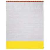 Khilim rug, light gray and yellow, features a rectangular design with vertical stripes, brown border, and dense woven texture.