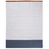 Khilim rug, wool blend, rectangular with burnt orange, off-white textured center, and dark teal bottom bands.