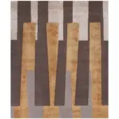 Rugiano rd gris rug, geometric design in gray, beige, and mustard yellow, layered rectangular blocks, densely woven texture.