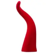 Ruby horn sculpture, red resin, curved monolithic form against white backdrop, matte finish, asymmetrical composition, studio lighting.