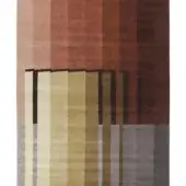 Rug, wool blend, rectangular red rug with vertical bands of red, olive, beige, and gray, featuring dark brown intersecting lines and a plush texture.