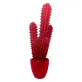 Artificial cactus, red ceramic pot, columnar stems with textured surface, studio shot, white background, modern design, retail display.