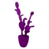 Purple prickly pear cactus in tapered pot, multiple paddle segments, smooth matte finish, against white backdrop, stylized artificial decor.