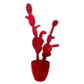 Red prickly pear cactus in red pot, multiple paddle-shaped segments, textured surface, conical form, studio product shot, white background.