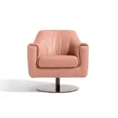Cassoni bella lounge chair, blush leather, rounded box silhouette with recessed seat, dark wood circular base, studio lighting.